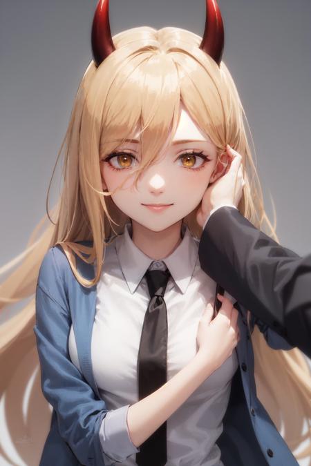 00082-4089792148-), hand on another's cheek, smile, blonde hair, red horns, yellow eyes, symbol-shaped pupils, blue jacket, collared shirt, black.jpg